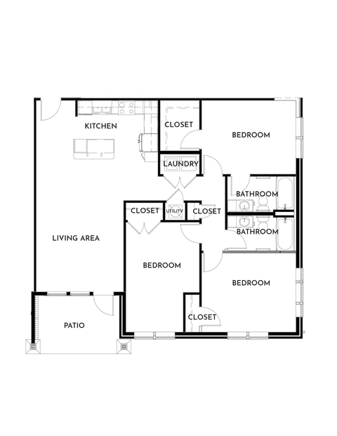 3BR 2BA (1312 SF) Floor Plan at The Villas at Germantown, Memphis, Tennessee
